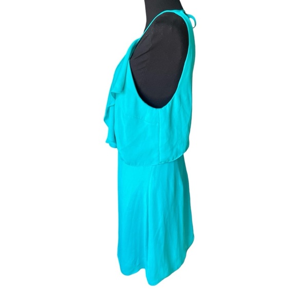 Bebe Teal Sleeveless V-Neck Flutter Trim Open Back Cocktail Dress, Size 12 - Picture 3 of 8